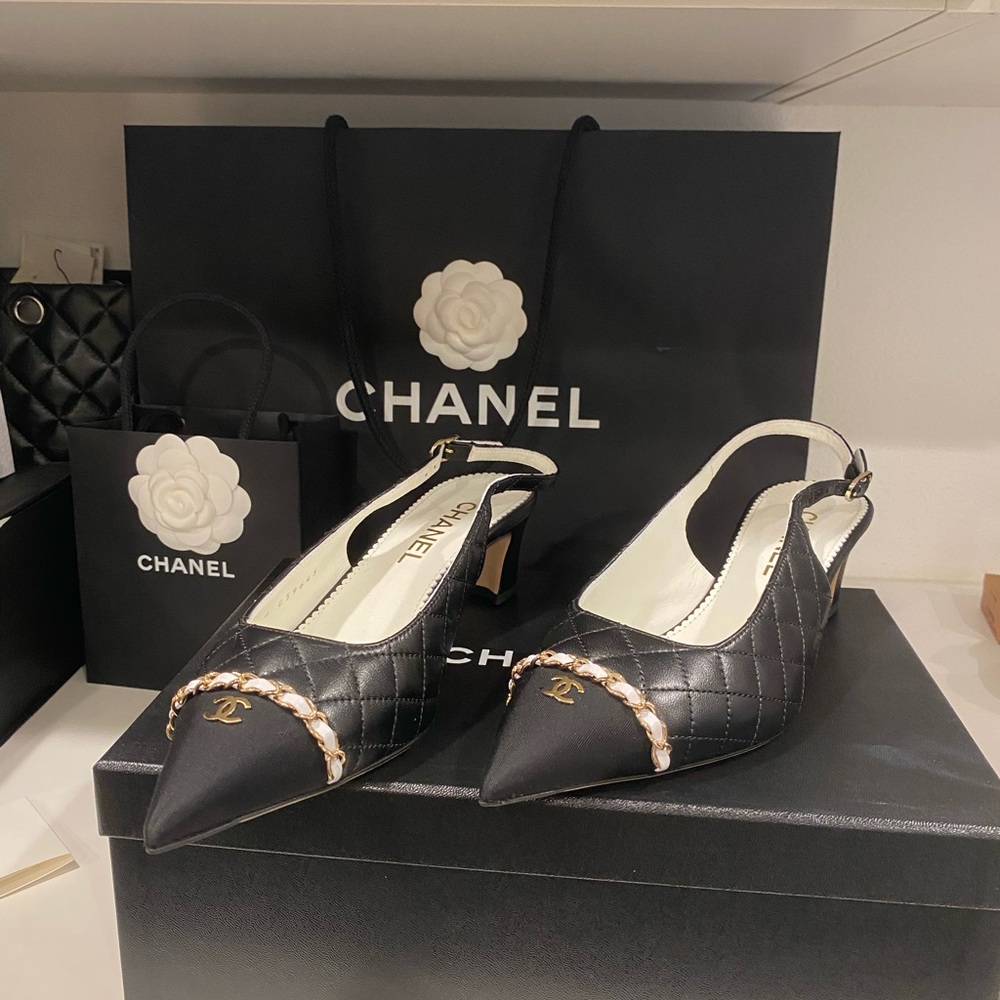 New Chanel Black Quilted Slingback Heels